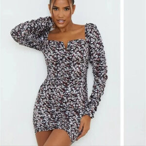 ❤️ 3 for $35 Pretty little thing ditsy long sleeve floral satin runched dress 8